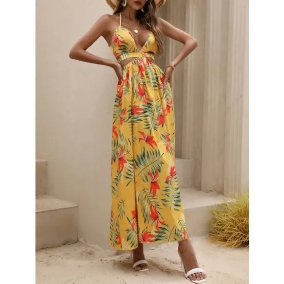 Tropical print thigh slit Maxi dress yellow