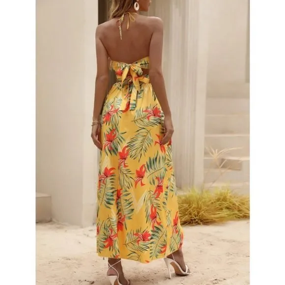 Tropical print thigh slit Maxi dress yellow