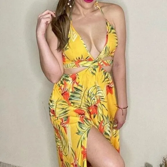 Tropical print thigh slit Maxi dress yellow
