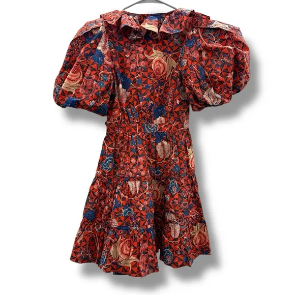 Ulla Johnson Maude Short Puff Sleeve Floral Wrap Mini Dress in Hibiscus‎ Sz 0