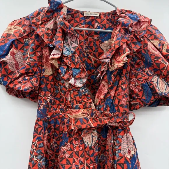 Ulla Johnson Maude Short Puff Sleeve Floral Wrap Mini Dress in Hibiscus‎ Sz 0