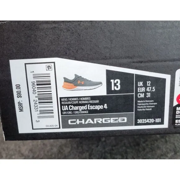 Under‎ Armour Escape 4 Mens Shoes 13 Gray Orange Running Gym Workout Lightweight