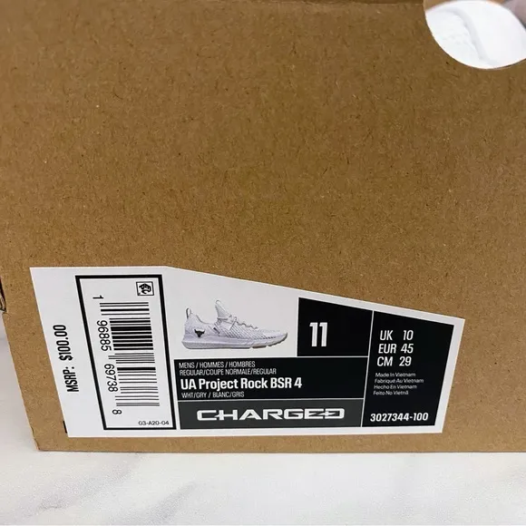 Under Armour Project Rock BSR 4 Mens Size 11 White Gray Shoes 3027344-100 New
