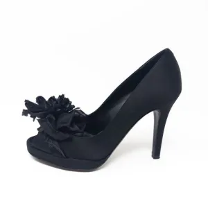 Valentino Black Satin Peep Toe Floral Flower Platform Pump 36 EU