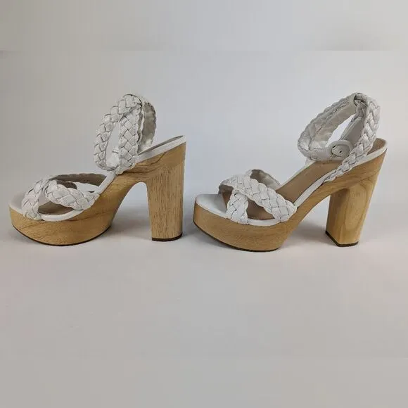 VERONICA BEARD Gael Braided White Leather Ankle Strap Wooden Platform Sandal 7.5