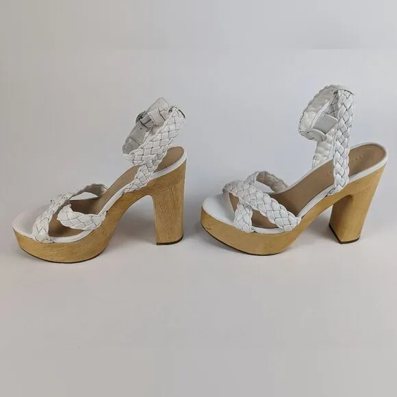 VERONICA BEARD Gael Braided White Leather Ankle Strap Wooden Platform Sandals 9