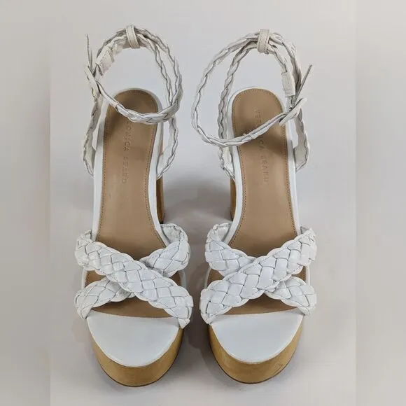 VERONICA BEARD Gael Braided White Leather Ankle Strap Wooden Platform Sandals 9