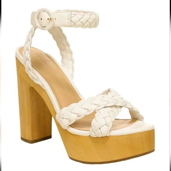 VERONICA BEARD Gael Braided White Leather Ankle Strap Wooden Platform Sandals 9