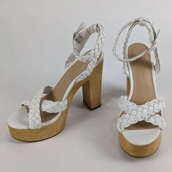 VERONICA BEARD Gael Braided White Leather Ankle Strap Wooden Platform Sandals 9