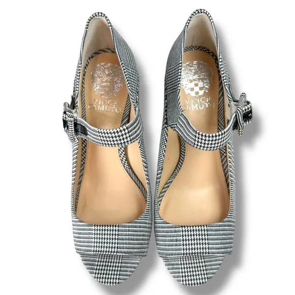 Vince Camuto Selmer Houndstooth Plaid Open Toe Chunky Heel Mary Janes, Size 7