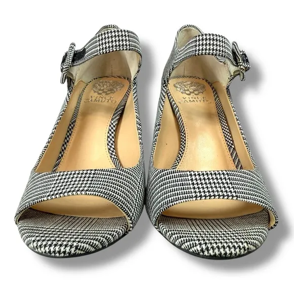 Vince Camuto Selmer Houndstooth Plaid Open Toe Chunky Heel Mary Janes, Size 7