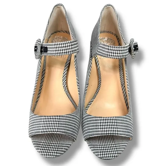 Vince Camuto Selmer Houndstooth Plaid Open Toe Chunky Heel Mary Janes, Size 7