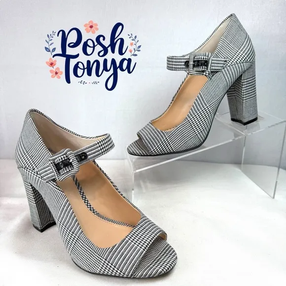 Vince Camuto Selmer Houndstooth Plaid Open Toe Chunky Heel Mary Janes, Size 7
