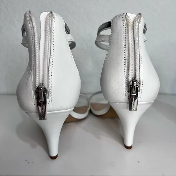 Vince Camuto White &amp; Silver Leather Makoto Heeled Dress Bridal Sandals New  10
