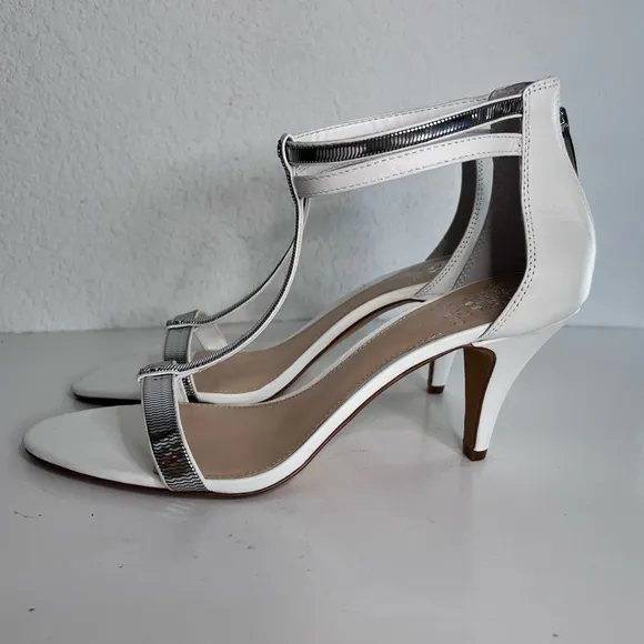 Vince Camuto White &amp; Silver Leather Makoto Heeled Dress Bridal Sandals New  10