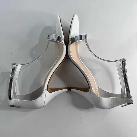 Vince Camuto White &amp; Silver Leather Makoto Heeled Dress Bridal Sandals New  10