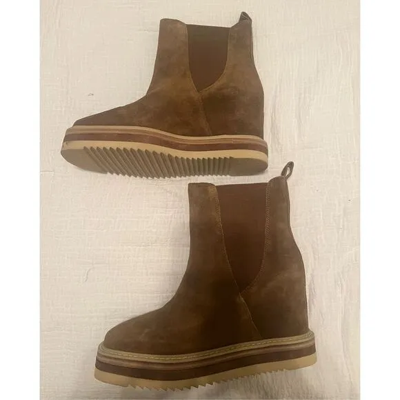 Vince Camuto Omassa Suede Chelsea Boots Platform Wedge Brown NEW