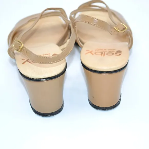 Vintage 70's Tan Beige Leather Slingback Grandma Open Toe Chunky Heels Sandals 8