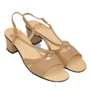Vintage 70's Tan Beige Leather Slingback Grandma Open Toe Chunky Heels Sandals 8