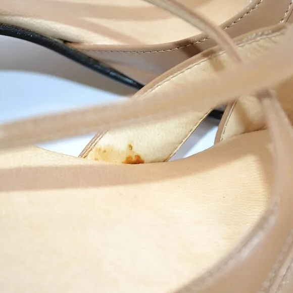 Vintage 70's Tan Beige Leather Slingback Grandma Open Toe Chunky Heels Sandals 8