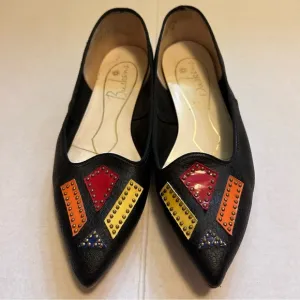 Vintage Buskens Black Leather Studded Geometric Shoes Pointed Toe Small