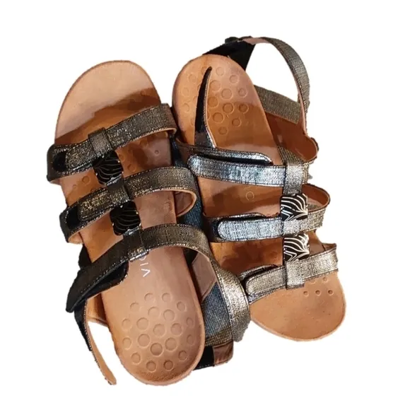 VIONIC AMBER BLACK METALLIC OPEN TOE VELCRO CLOSURE CUSTOMIZED SHOES