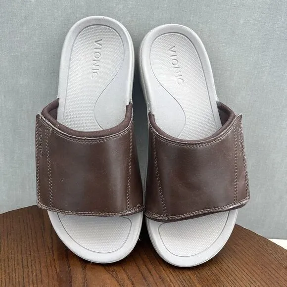 Vionic Stanley Sandals‎ Men's Size 7 Brown Leather Comfort Slip On Slide Shoes