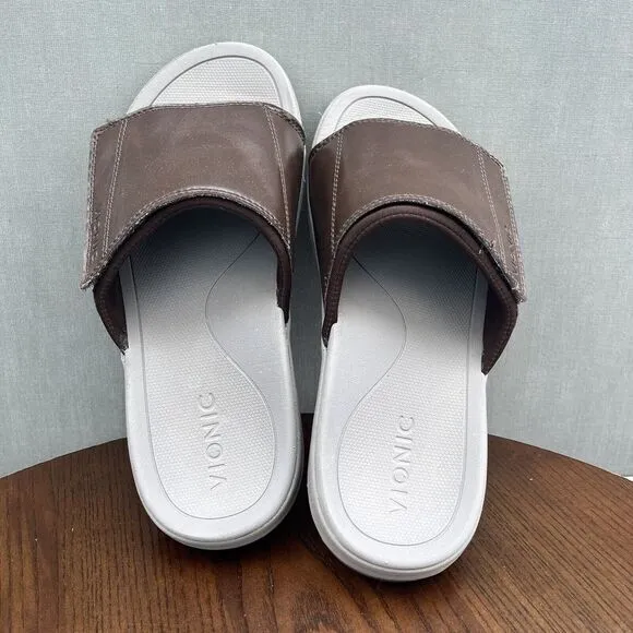 Vionic Stanley Sandals‎ Men's Size 7 Brown Leather Comfort Slip On Slide Shoes