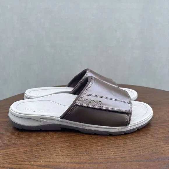 Vionic Stanley Sandals‎ Men's Size 7 Brown Leather Comfort Slip On Slide Shoes