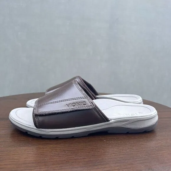 Vionic Stanley Sandals‎ Men's Size 7 Brown Leather Comfort Slip On Slide Shoes