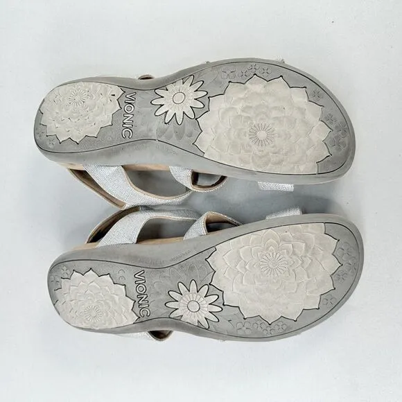 Vionic Women’s Silver Amber Sandals Shoes Comfort 3 Strap Metallic Size 10
