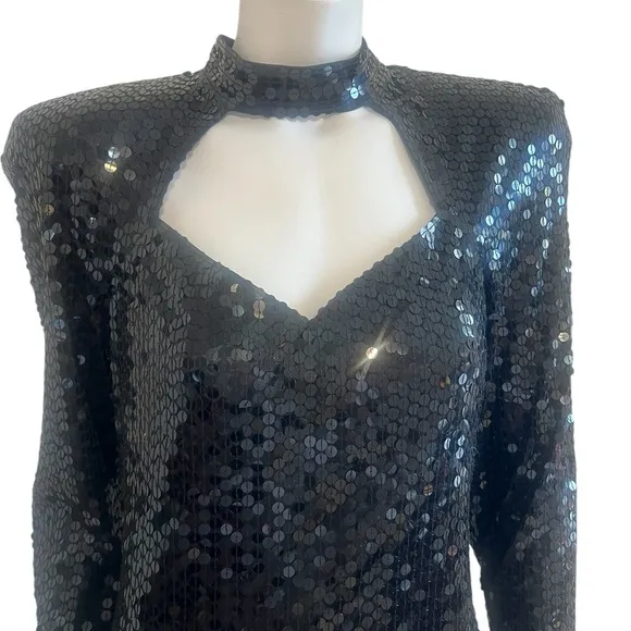 Vtg Niteline Black Sequin Choker Cut Out Black Sequin Dress Size 14