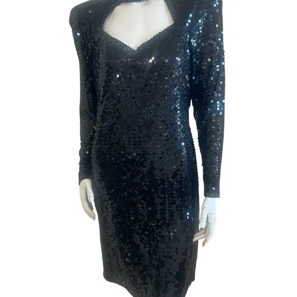 Vtg Niteline Black Sequin Choker Cut Out Black Sequin Dress Size 14
