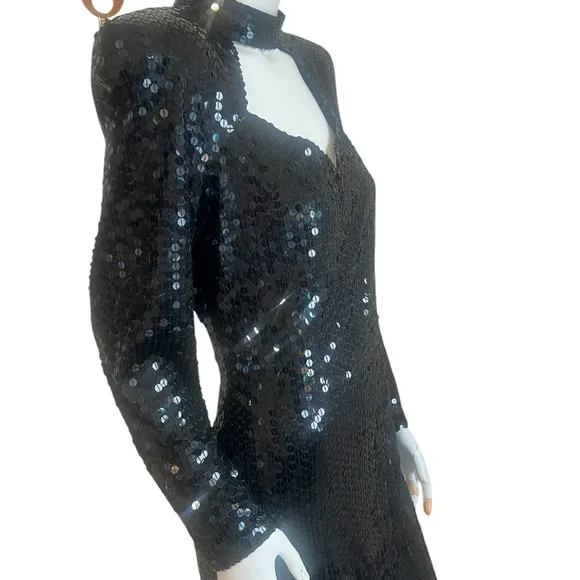 Vtg Niteline Black Sequin Choker Cut Out Black Sequin Dress Size 14
