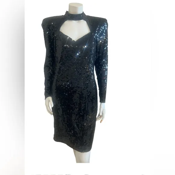 Vtg Niteline Black Sequin Choker Cut Out Black Sequin Dress Size 14
