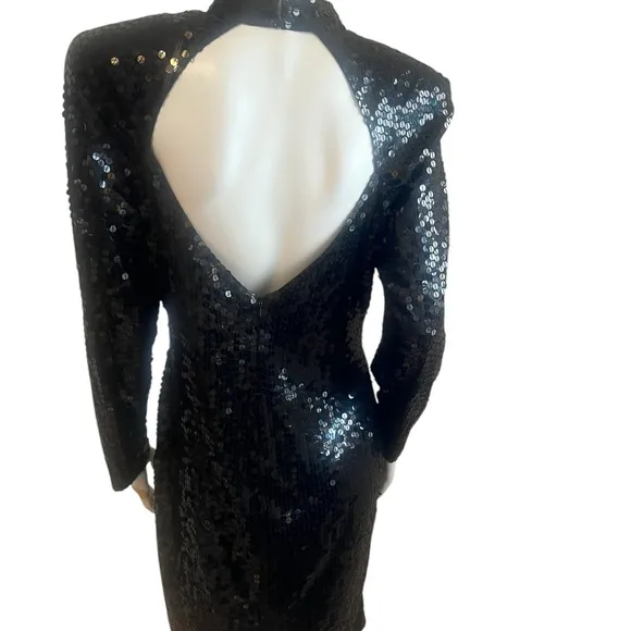 Vtg Niteline Black Sequin Choker Cut Out Black Sequin Dress Size 14