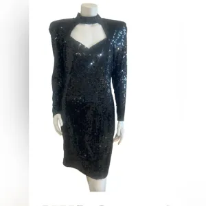 Vtg Niteline Black Sequin Choker Cut Out Black Sequin Dress Size 14