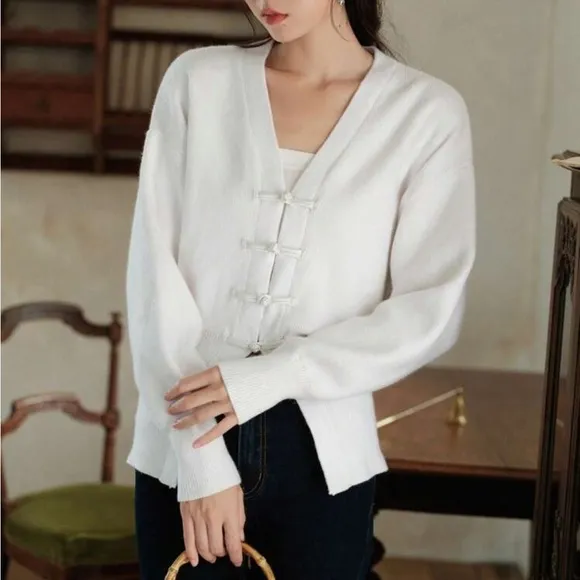 white button sweater chunky knit thick cardigan