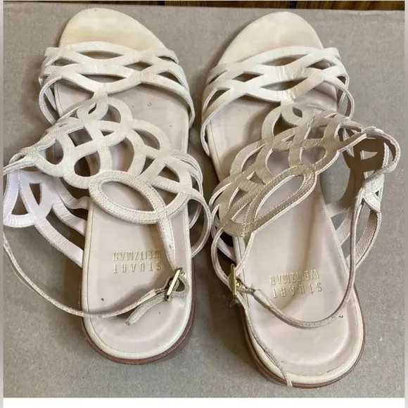Woman STUART WEITZMAN Beige Cut Out Leather Strappy Sandals Shoes Sz 7.5
