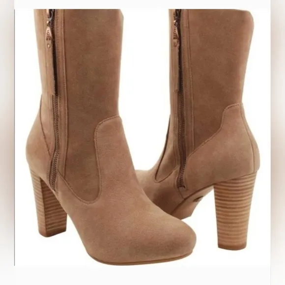 Women ugg Australia Tan Suede High Heel Boots Shoes size 6.5 6 1/2