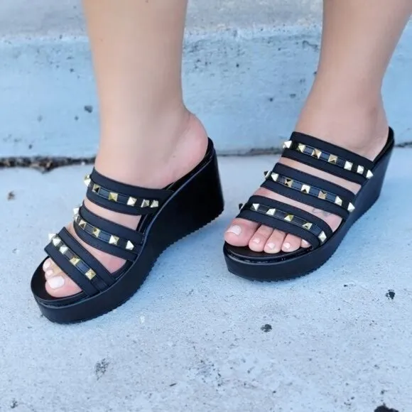 Women's Black Studded Wedge Open Toe Sandals