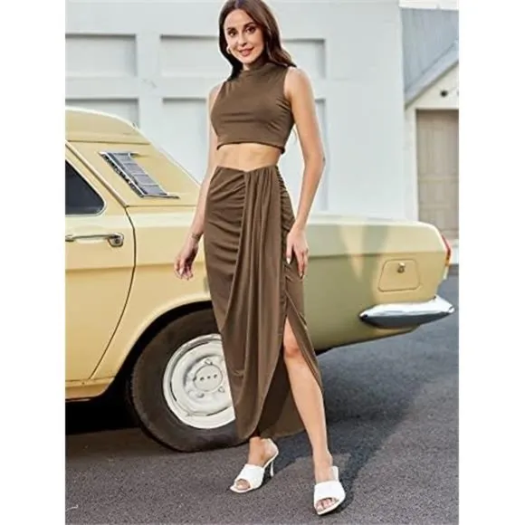 Women's Casual Sleeveless Summer Two Piece Maxi Skirt Set