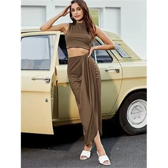 Women's Casual Sleeveless Summer Two Piece Maxi Skirt Set