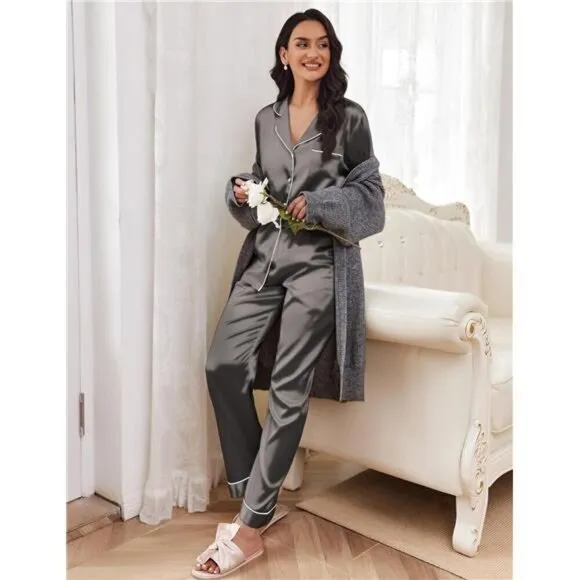 Women's Classic Button Down Long Satin Silk Pajama Set