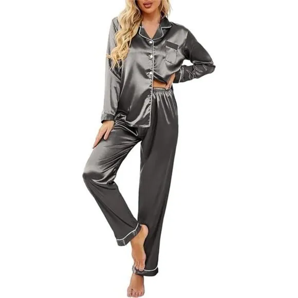 Women's Classic Button Down Long Satin Silk Pajama Set