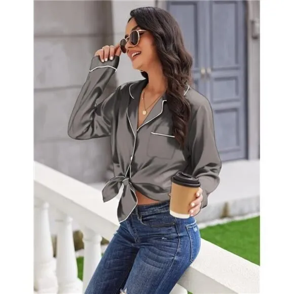 Women's Classic Button Down Long Satin Silk Pajama Set