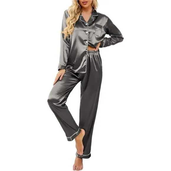 Women's Classic Button Down Long Satin Silk Pajama Set