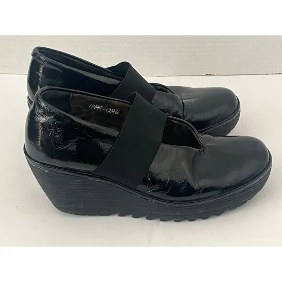 Women's FLY London Black Patent Leather Yale Shoes  Mary Janes Wedge Size 37/6.5