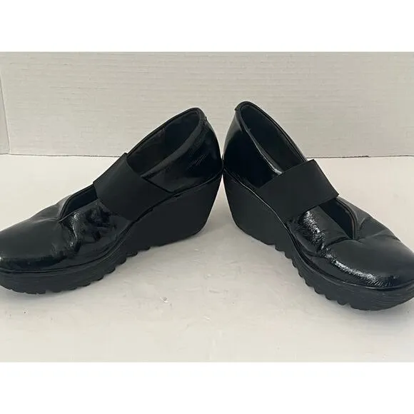 Women's FLY London Black Patent Leather Yale Shoes  Mary Janes Wedge Size 37/6.5