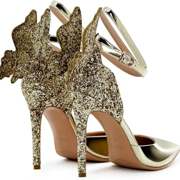 Womens Pointy Toe Butterfly High Stiletto Heel Wedding Bridal Buckle Shoes